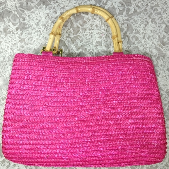 Vintage Beach Beautiful Pink Woven Straw Small Hand Bag - Picture 1 of 12